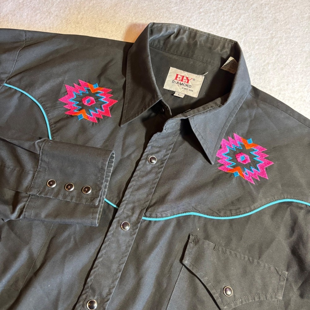 Ely Diamond Western Shirt Mens L Black Southwest Aztec Embroidered Cowboy Rodeo